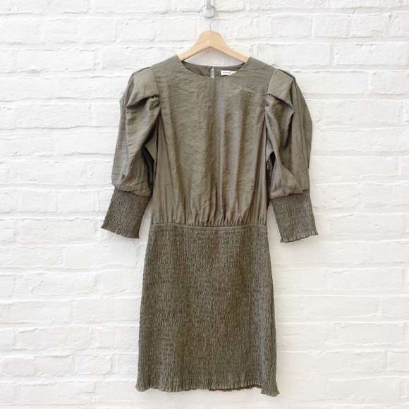 Rebecca Minkoff | Geneva Puff Sleeve Olive Mini Dress - Picture 2 of 10